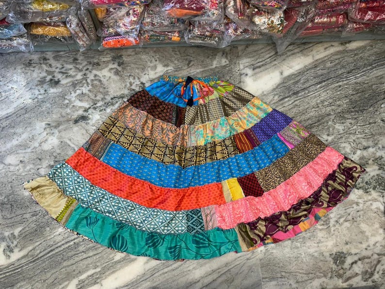 Boho Patchwork Recycled Silk Skirt: Tiered Maxi Skirt, Plus Size image 1
