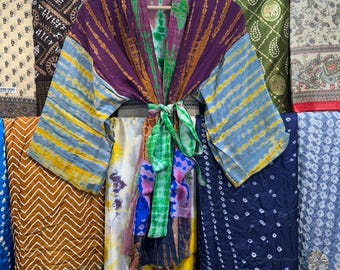 Blue Tie Dye Crepe Silk Robe: Short Kimono Jacket, Handmade