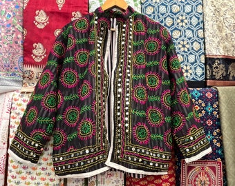 Handmade Phulkari Embroidered Cotton Jacket: Bohemian Indian