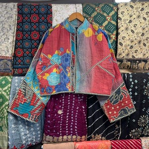 Reversible Kantha Patchwork Jacket, Indian Quilted Short Outerwear