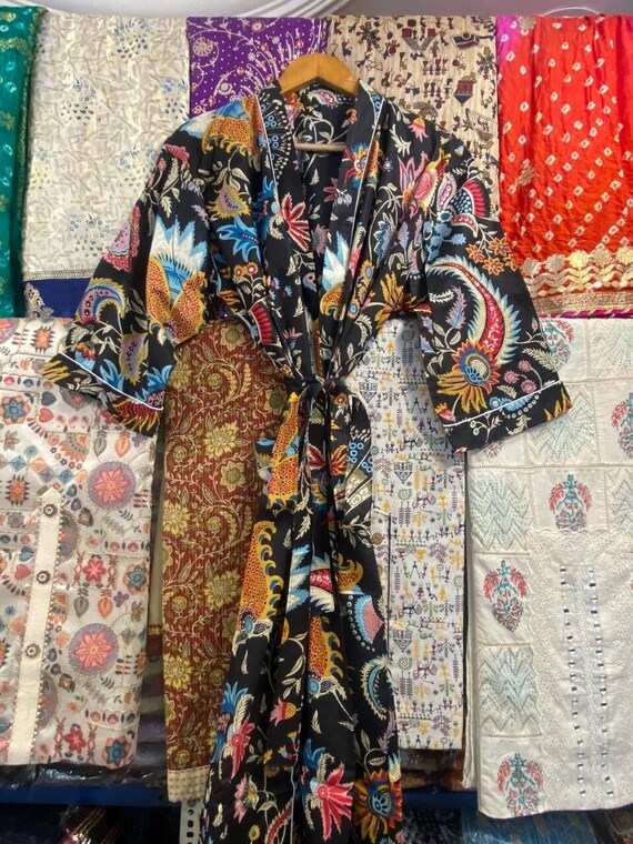 Handmade Floral Print Cotton Kimono Robe: Boho Lounge Wear