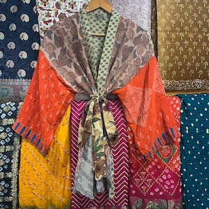 Handgemachte Crepe Silk Patchwork Kimono Robe: Hippie Duster Jacke