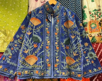 Blue Velvet Suzani Jacket, Floral Hand Embroidery, Festival Coat
