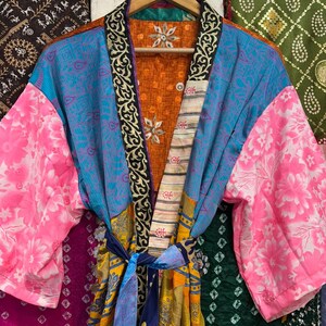 Handmade Recycled Silk Patchwork Kimono Robe: Boho Beach Cover Up image 6