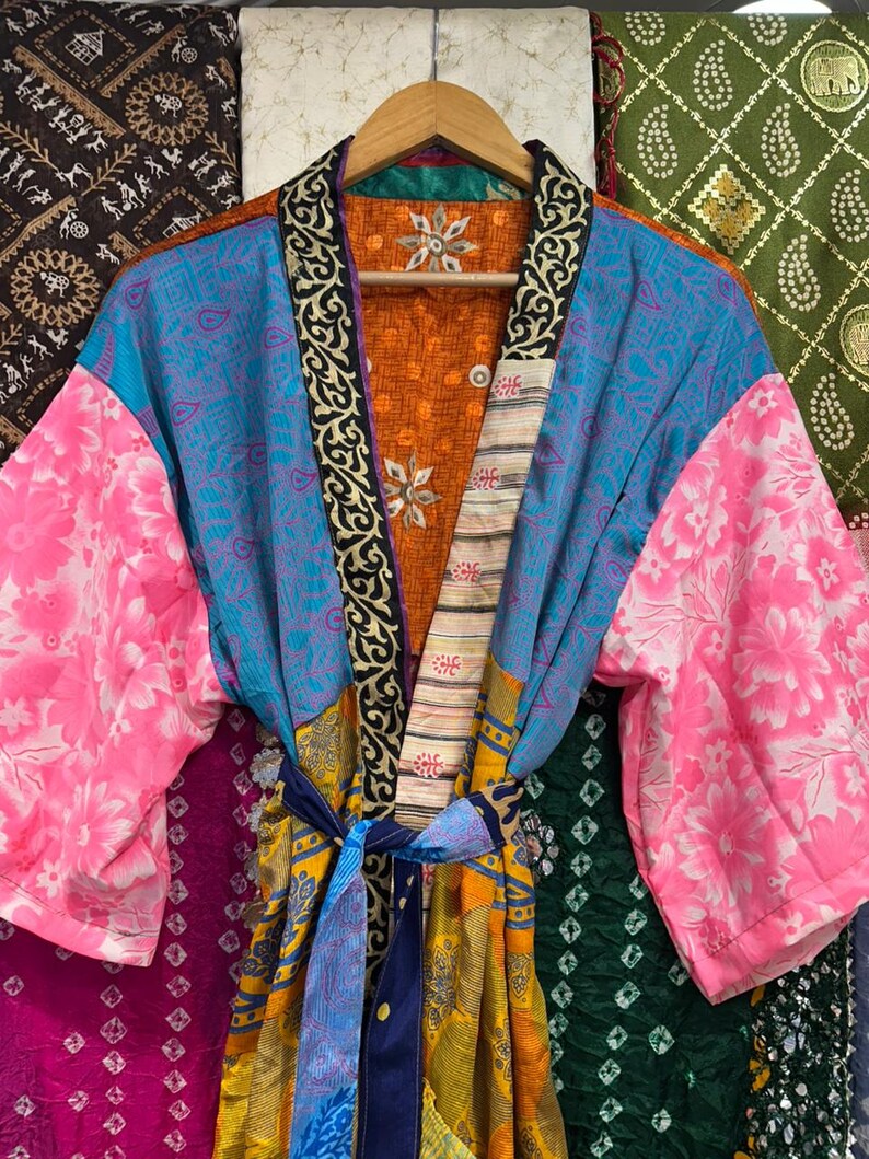 Handmade Recycled Silk Patchwork Kimono Robe: Boho Beach Cover Up image 6