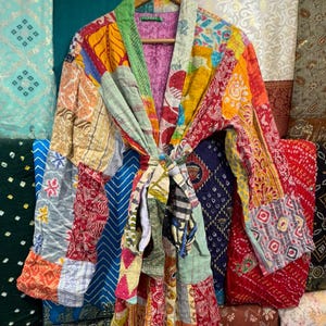 Hand Stitched Kantha Patchwork Robe | Reversible Boho Kimono Jacket image 3
