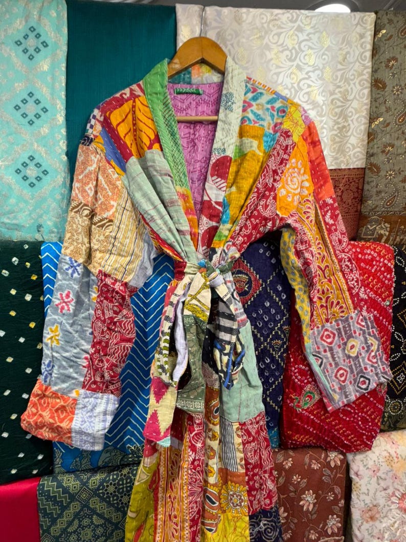 Hand Stitched Kantha Patchwork Robe | Reversible Boho Kimono Jacket image 3
