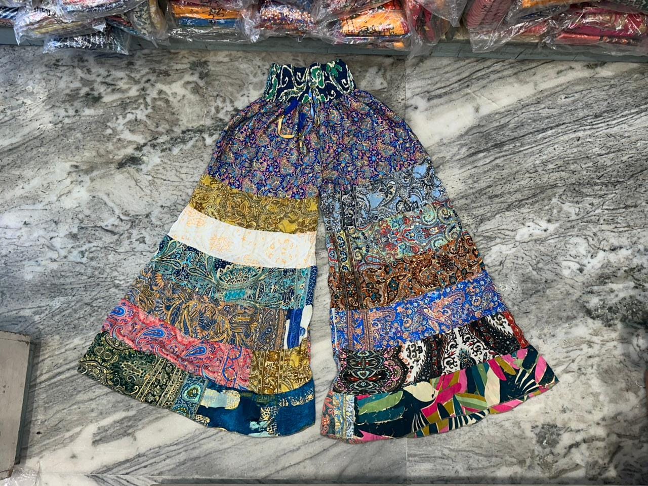 Boho Patchwork Silk Palazzo Pants: Handmade Hippie Trousers
