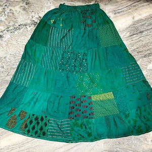 Patchwork Rayon Maxi Skirt: Elastic Waist Tiered Long Skirt