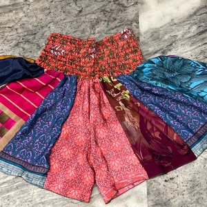 Boho Skirt Short Women's Designer Colorful Beach Wear Shorts, Soft Night Wear Shorts, Patchwork Shorts, Silk Saree Layer Patch Work Short image 5