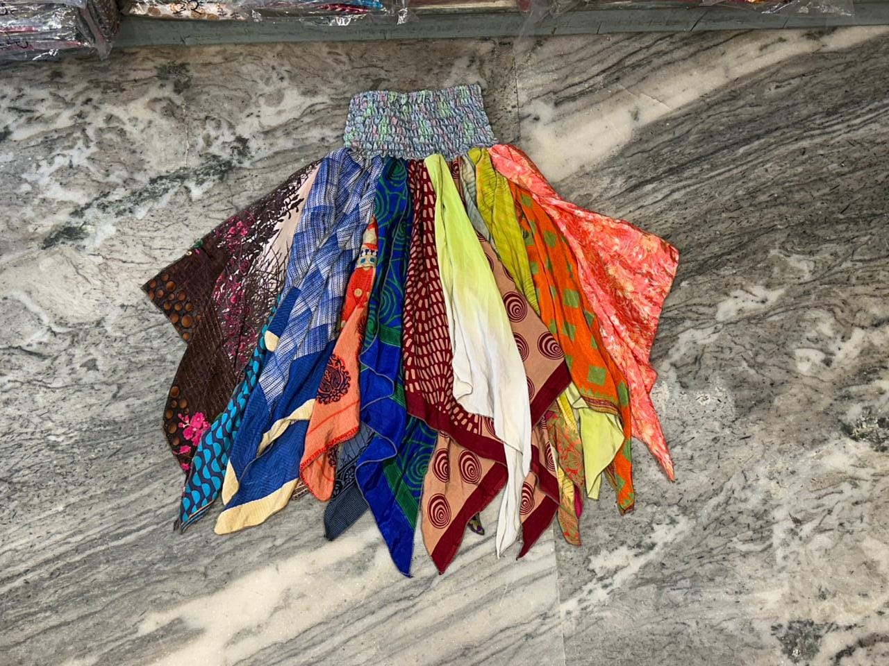 Handmade Silk Sari Patchwork Skirt: Elastic Waist Festival Skirt