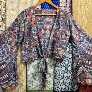 Floral Printed Silk Wrap Top: Indian Bell Sleeve Tie Top