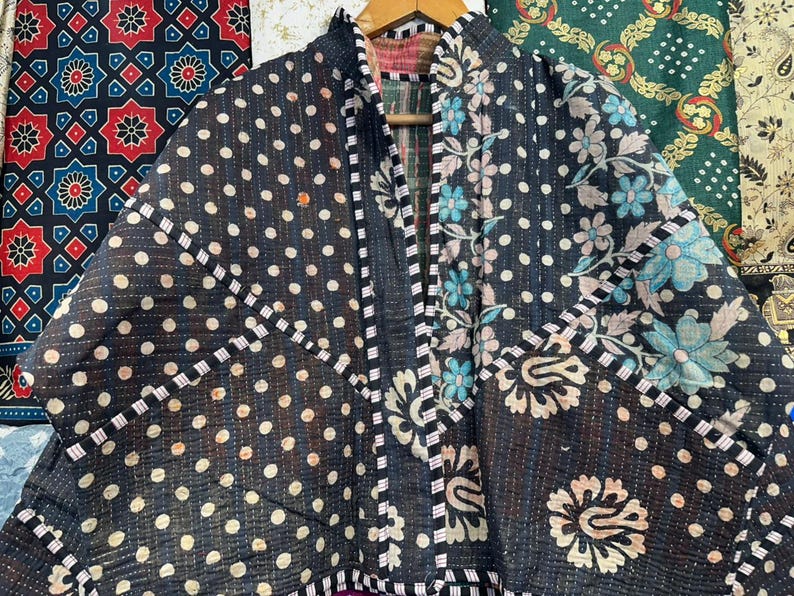 Handmade Quilted Kantha Jacket: Reversible Bohemian Cotton Coat image 2