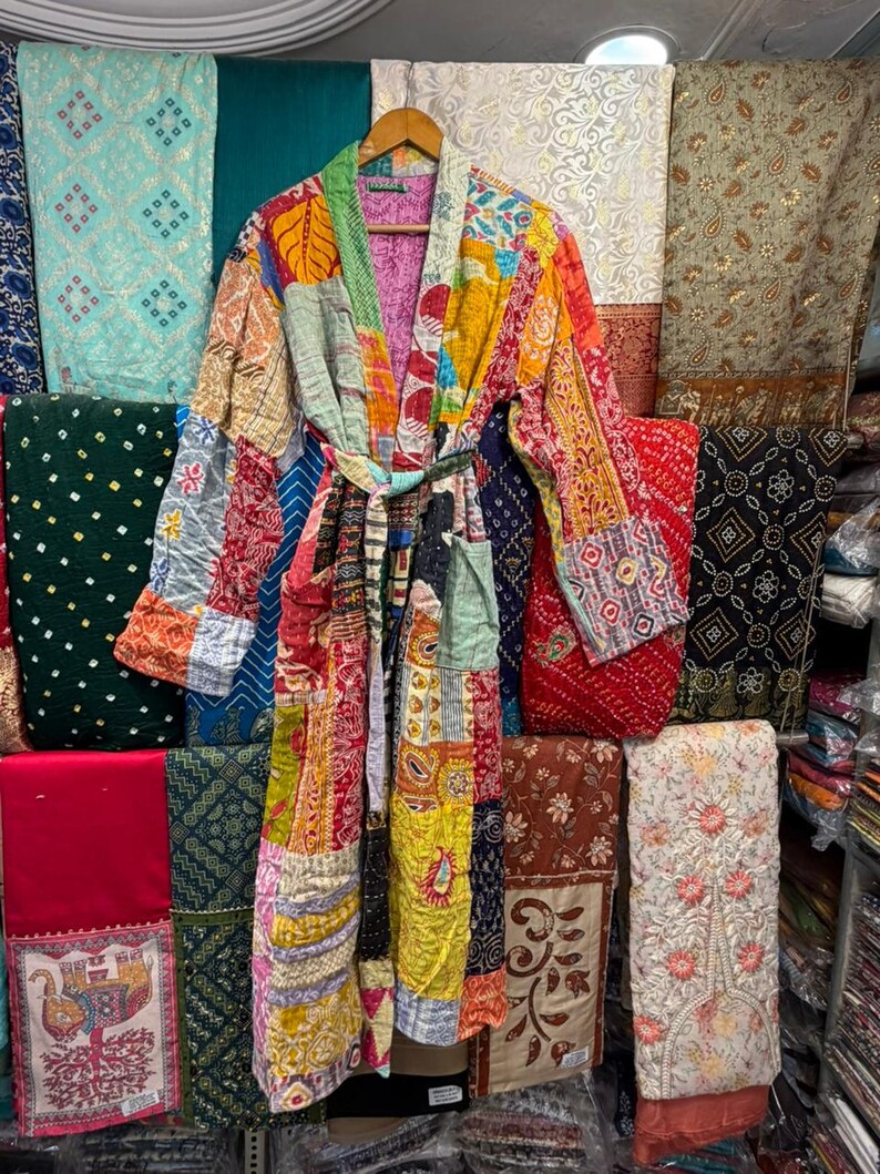 Hand Stitched Kantha Patchwork Robe | Reversible Boho Kimono Jacket image 7
