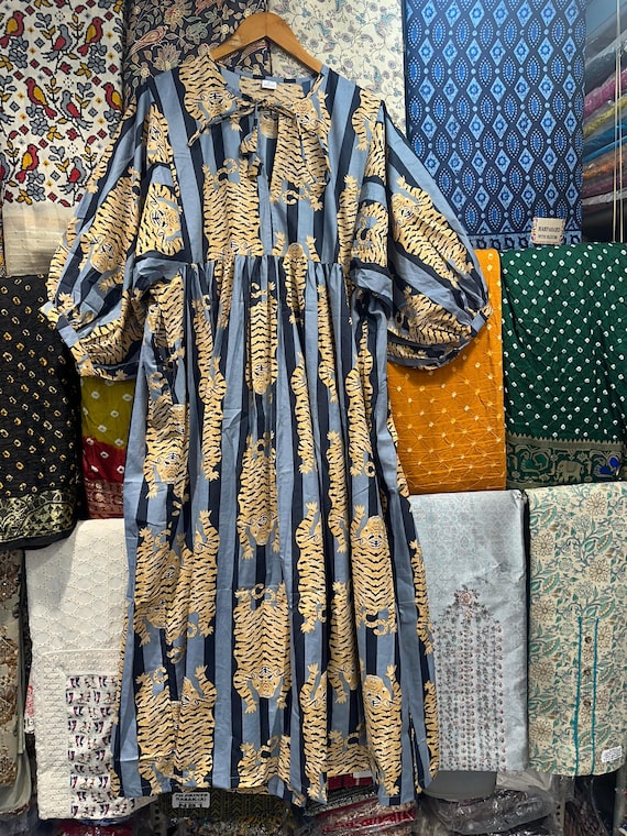 Boho Tiger Stripe Cotton Gauze Dress: Hand Block Print Midi Dress