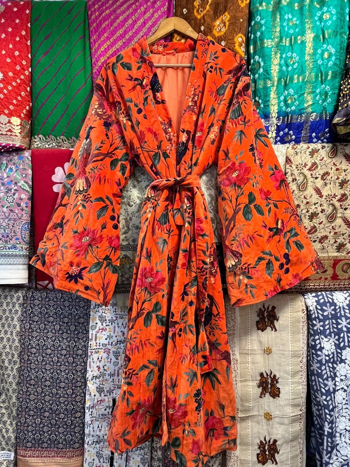 Floral Velvet Kimono Robe: Bell Sleeve Cotton Duster