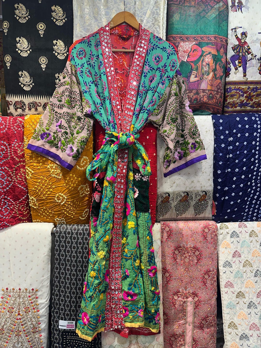 Phulkari Short Kimono Robe Dark Green