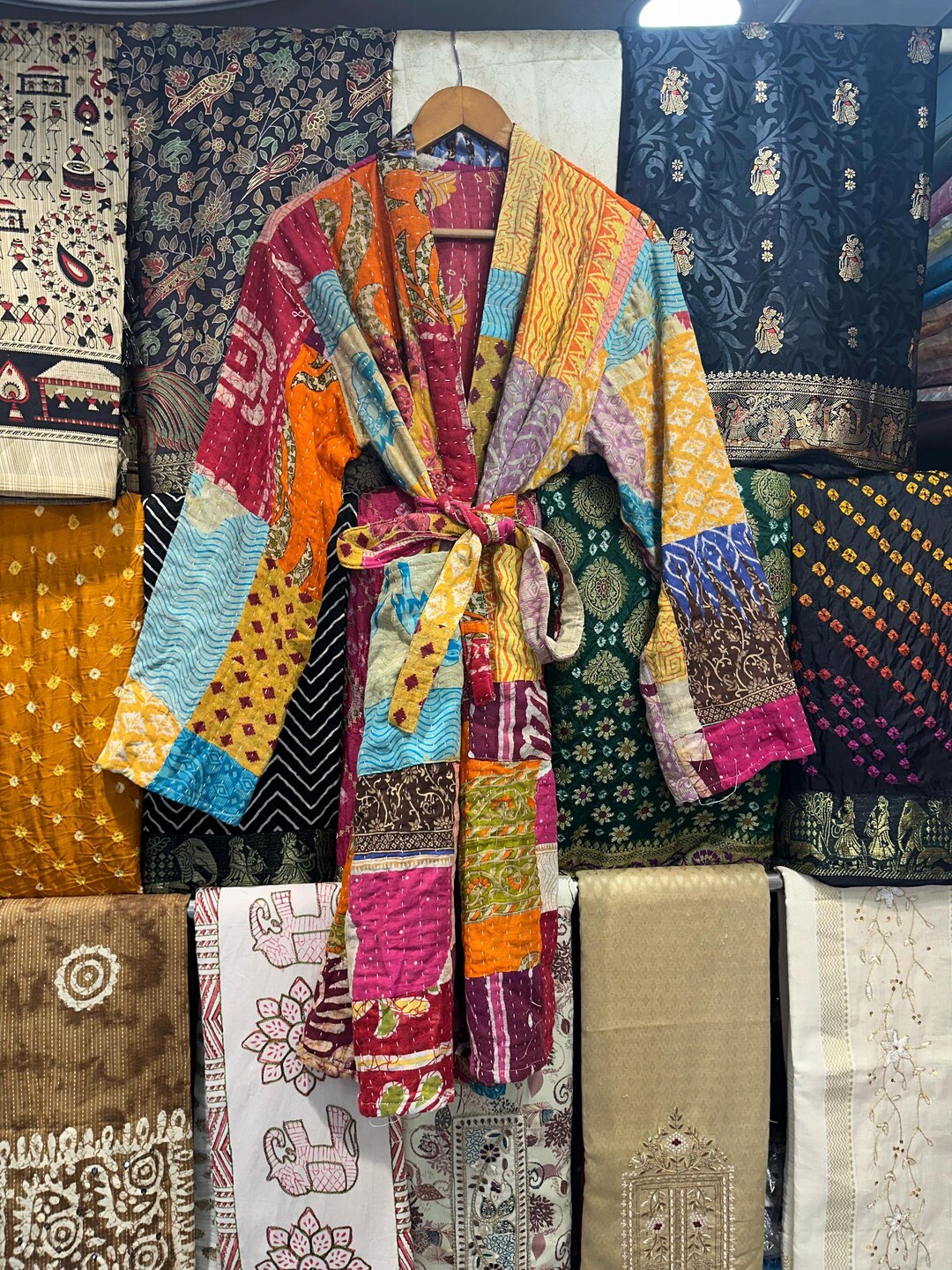 Kantha Robe Patchwork Cotton Kantha Kimono Robe: Handmade Quilted Long Coat - Etsy