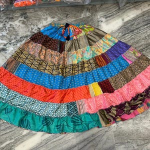 Boho Patchwork Recycled Silk Skirt: Tiered Maxi Skirt, Plus Size image 7