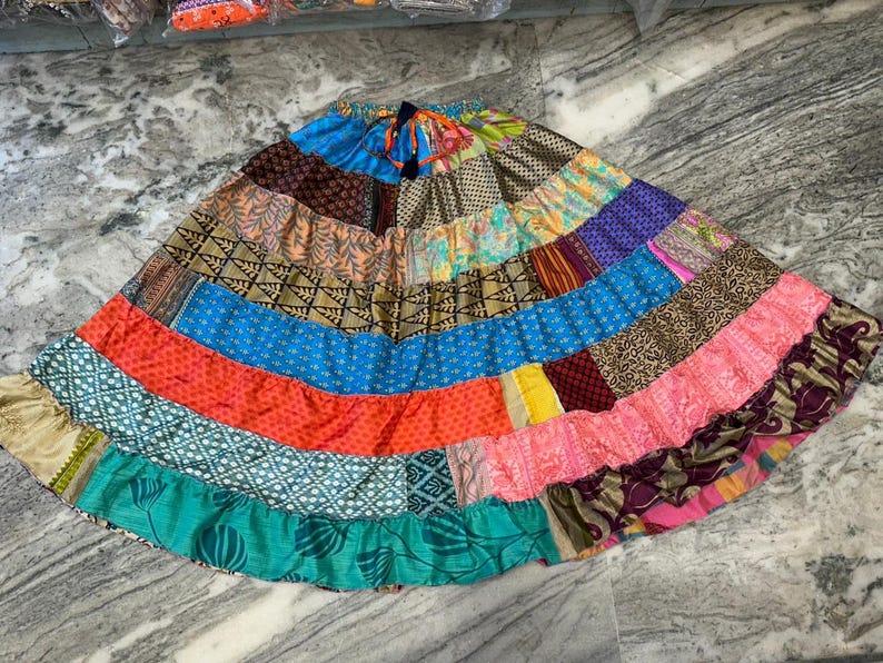 Boho Patchwork Recycled Silk Skirt: Tiered Maxi Skirt, Plus Size image 7