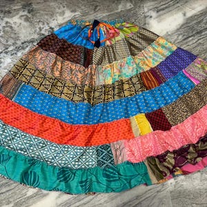 Boho Patchwork Recycled Silk Skirt: Tiered Maxi Skirt, Plus Size image 8