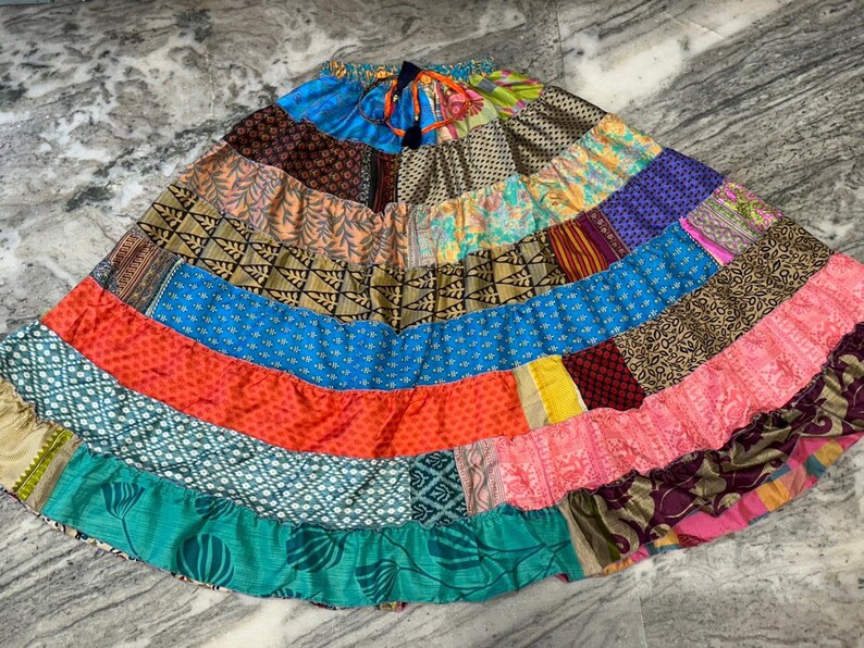 Boho Patchwork Recycled Silk Skirt: Tiered Maxi Skirt, Plus Size image 8