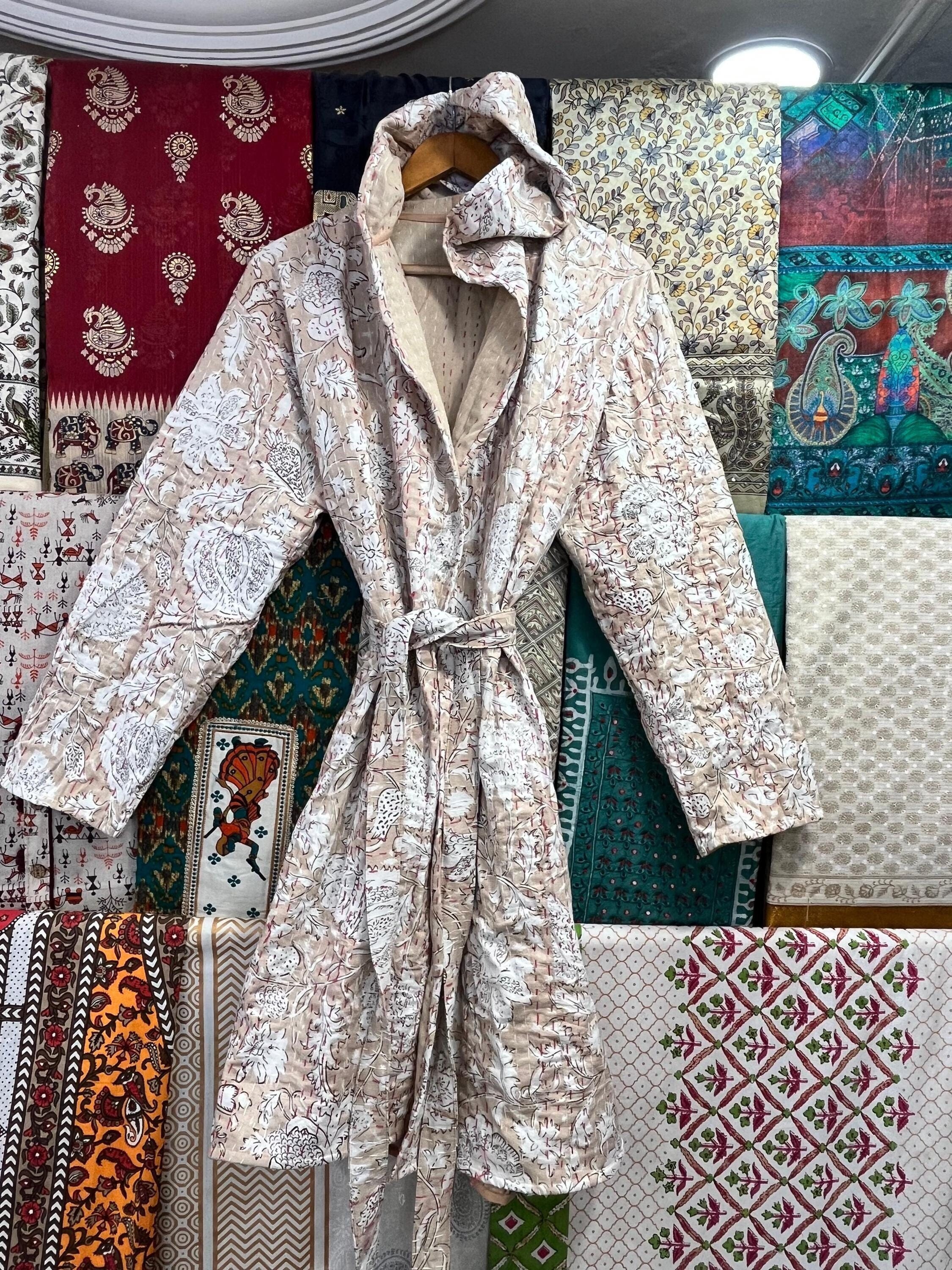 Handmade Kantha Quilted Cotton Hoodie: Indian Kimono Robe