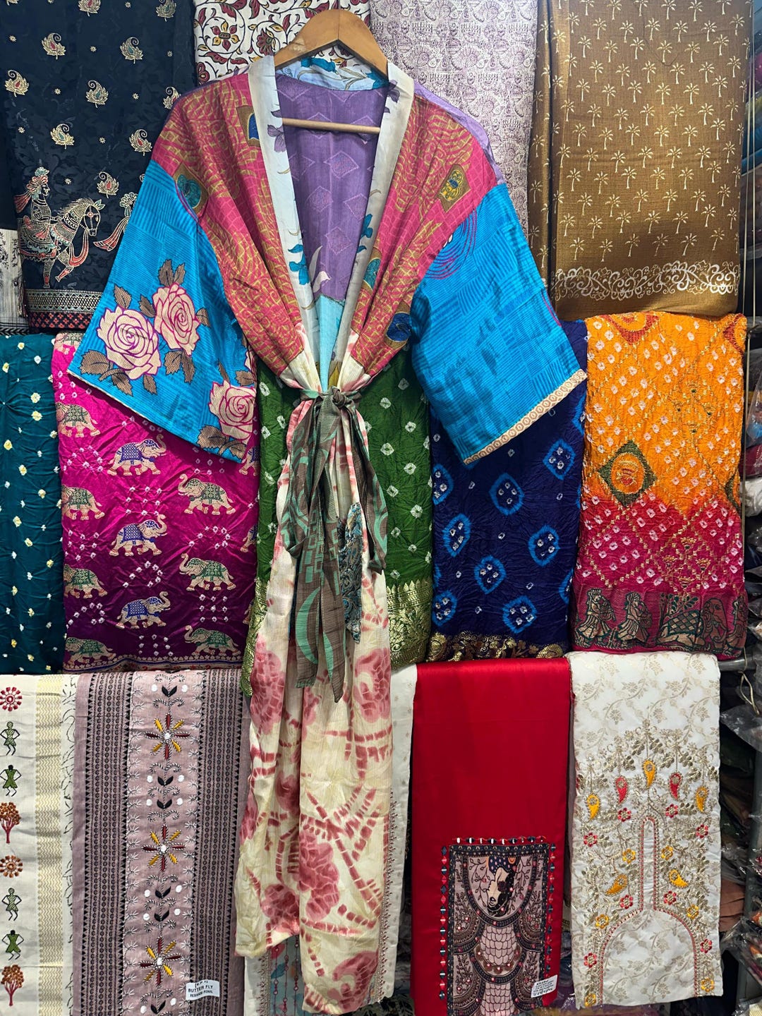 Multi Patchwork Kimono, Women Silk Bathrobe, Recycled Silk Patchwork ...