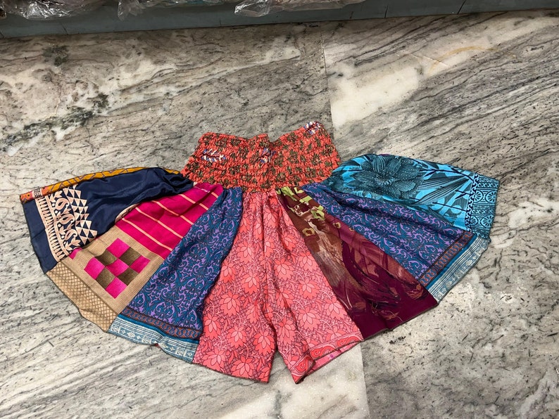 Boho Skirt Short Women's Designer Colorful Beach Wear Shorts, Soft Night Wear Shorts, Patchwork Shorts, Silk Saree Layer Patch Work Short image 1