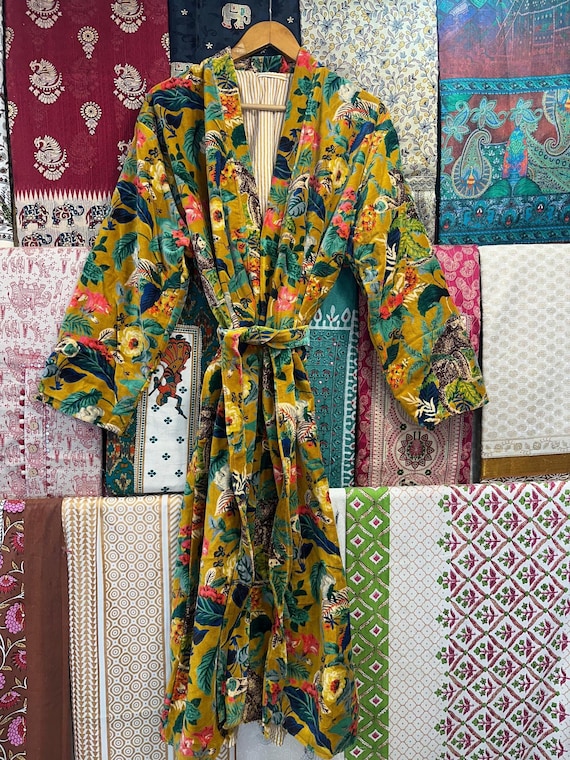 Handmade Floral Printed Cotton Velvet Robe: Bohemian Long Coat