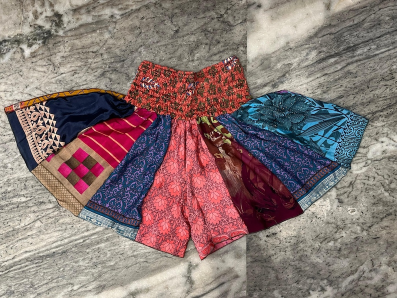 Boho Skirt Short Women's Designer Colorful Beach Wear Shorts, Soft Night Wear Shorts, Patchwork Shorts, Silk Saree Layer Patch Work Short image 2