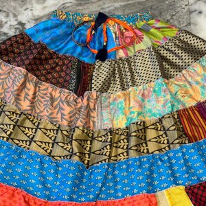 Boho Patchwork Recycled Silk Skirt: Tiered Maxi Skirt, Plus Size image 2