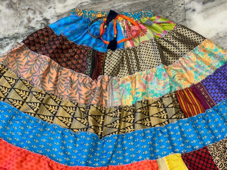 Boho Patchwork Recycled Silk Skirt: Tiered Maxi Skirt, Plus Size image 2