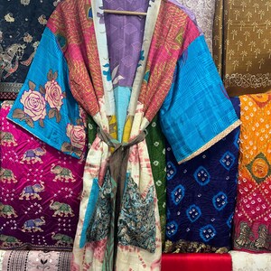 Multi Patchwork Kimono, Women Silk Bathrobe, Recycled Silk Patchwork ...
