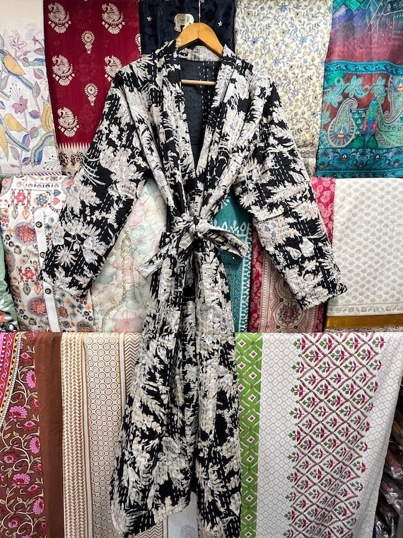 Handmade Cotton Kantha Robe: Quilted Kimono Jacket with Belt