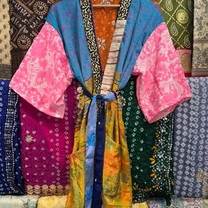 Handmade Recycled Silk Patchwork Kimono Robe: Boho Beach Cover Up image 4