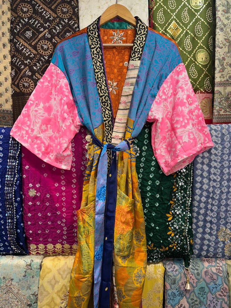 Handmade Recycled Silk Patchwork Kimono Robe: Boho Beach Cover Up image 4