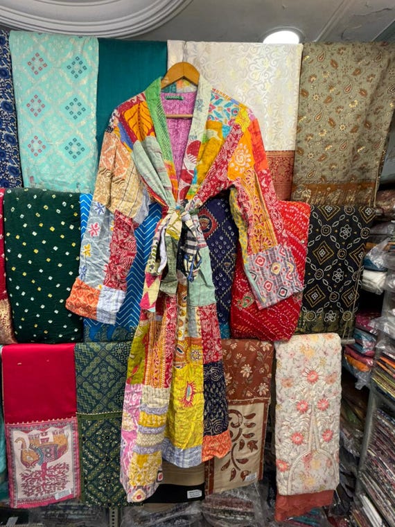 Hand Stitched Kantha Patchwork Robe | Reversible Boho Kimono Jacket