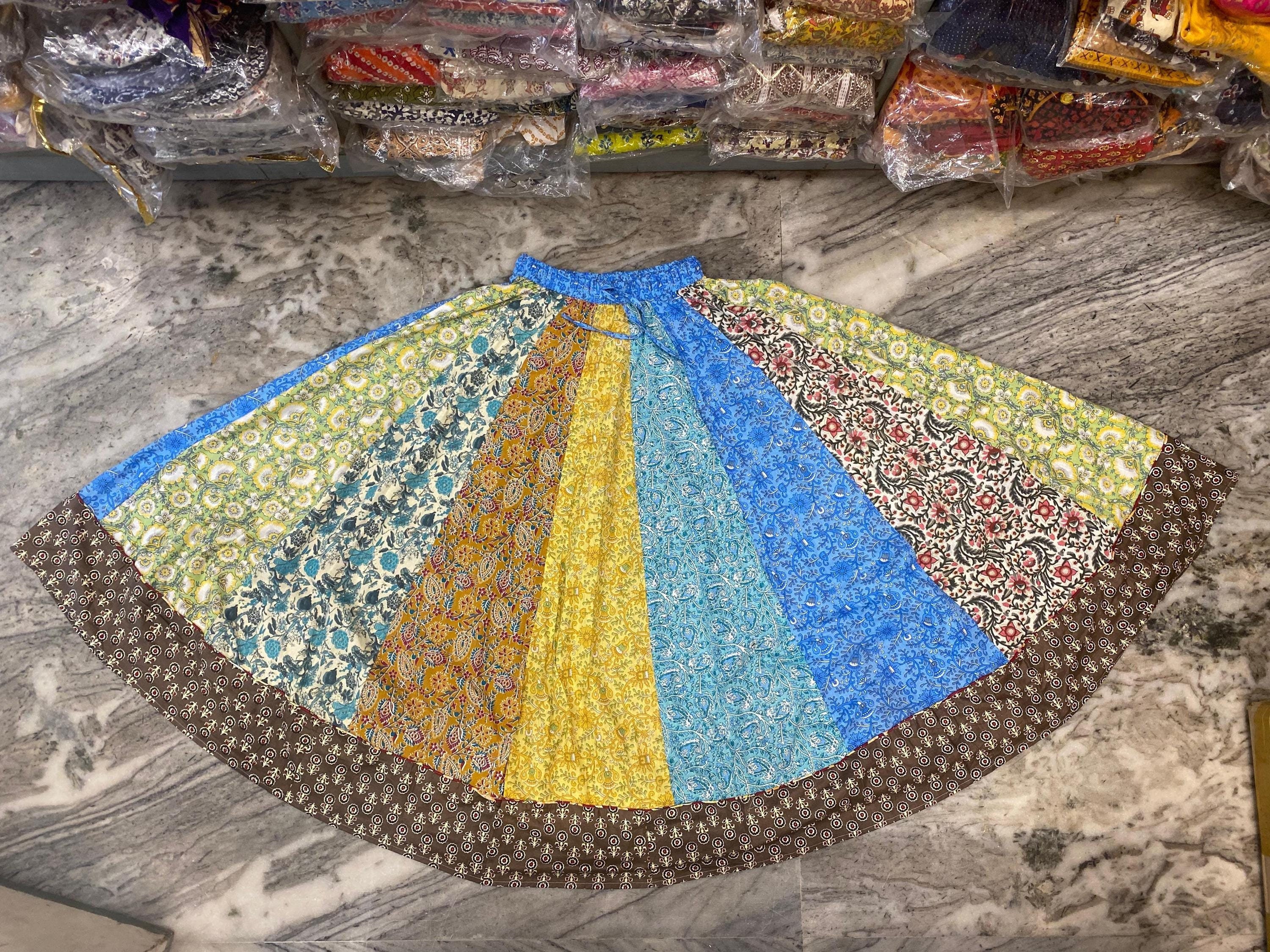 Assorted Indian Patchwork Layered Long Skirt, Cotton Elastic Waist Multi Color Funky Skirt, Summer Festival Beach Wear Skirt, Gift For Her