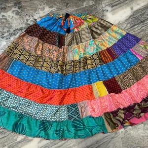 Boho Patchwork Recycled Silk Skirt: Tiered Maxi Skirt, Plus Size image 4