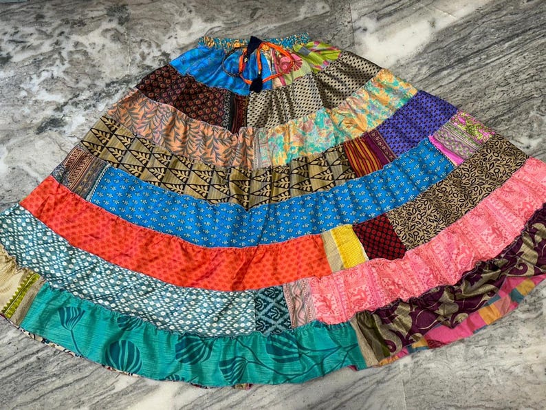 Boho Patchwork Recycled Silk Skirt: Tiered Maxi Skirt, Plus Size image 4