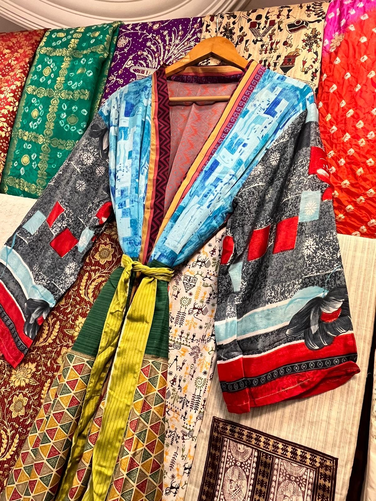 Sari Robe Handmade Patchwork Silk Sari Kimono Robe: Boho Resort Wear - Etsy
