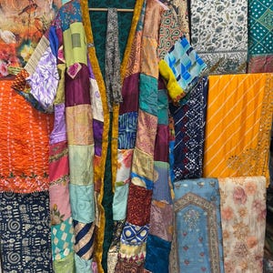 Recycled Sari Silk Patchwork Kimono: Handmade Boho Duster Robe image 2