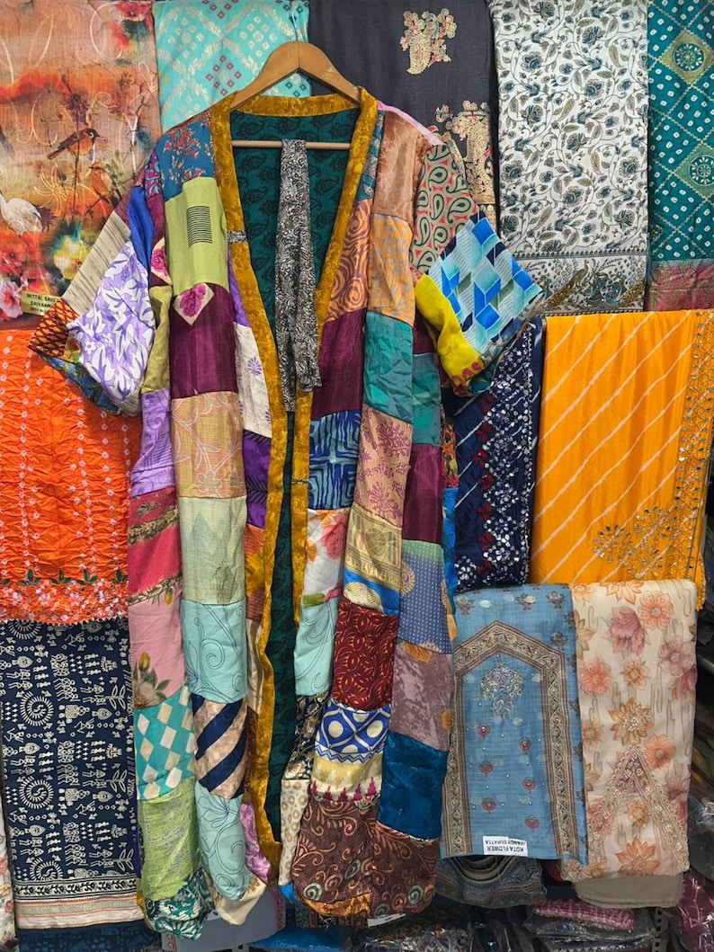 Recycled Sari Silk Patchwork Kimono: Handmade Boho Duster Robe image 2