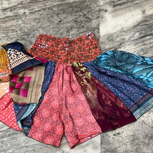 Boho Skirt Short Women's Designer Colorful Beach Wear Shorts, Soft Night Wear Shorts, Patchwork Shorts, Silk Saree Layer Patch Work Short image 3