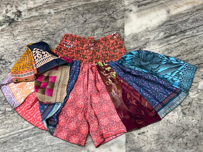 Boho Skirt Short Women's Designer Colorful Beach Wear Shorts, Soft Night Wear Shorts, Patchwork Shorts, Silk Saree Layer Patch Work Short image 3