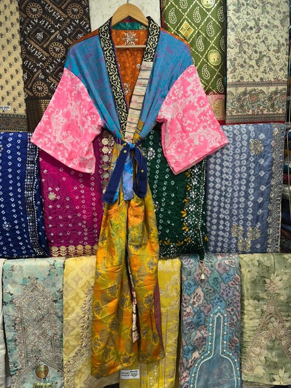 Handmade Recycled Silk Patchwork Kimono Robe: Boho Beach Cover Up