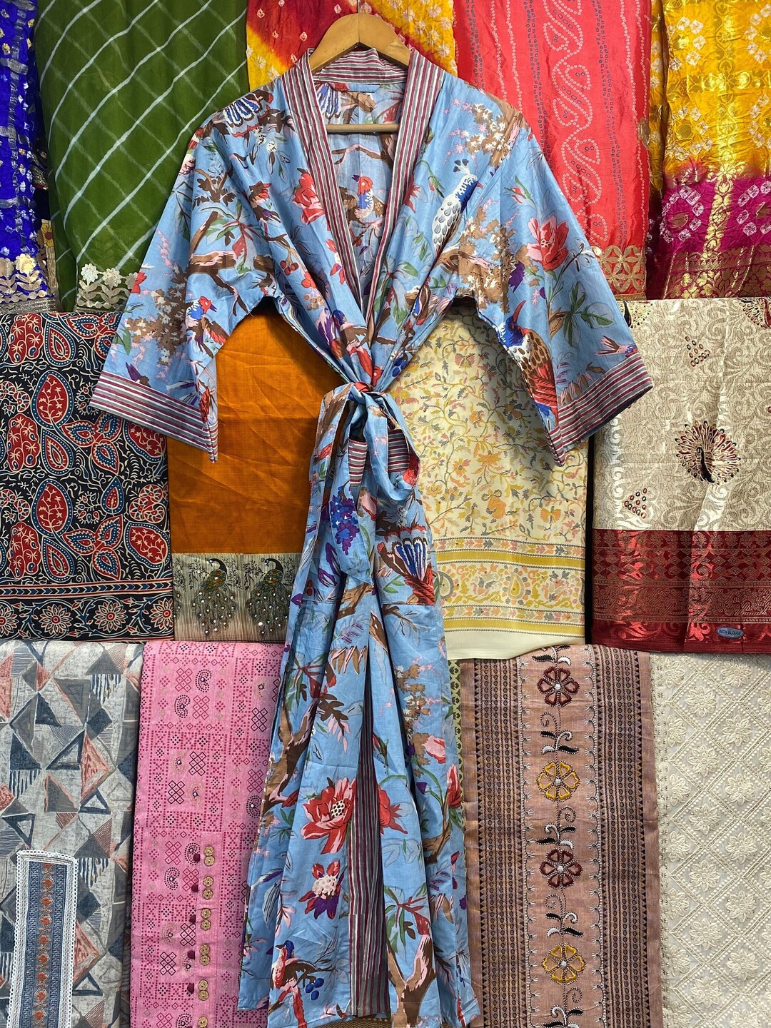 Indian Bird Print Luxury Kimono Robe Unisex Boho Kimono Robe 100