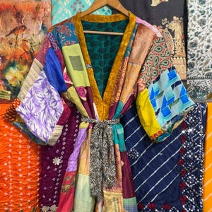 Recycled Sari Silk Patchwork Kimono: Handmade Boho Duster Robe image 11