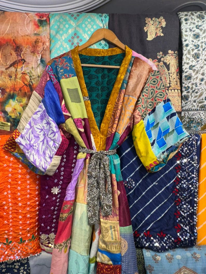 Recycled Sari Silk Patchwork Kimono: Handmade Boho Duster Robe image 11